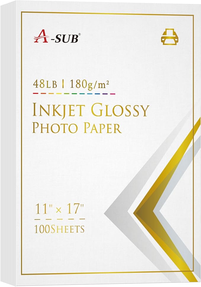 A-SUB Inkjet Glossy Photo Paper 11X17 Inches 48lb 180gsm Professional Glossy Photographic Paper for Inkjet Printers Dye Ink 100 Sheets