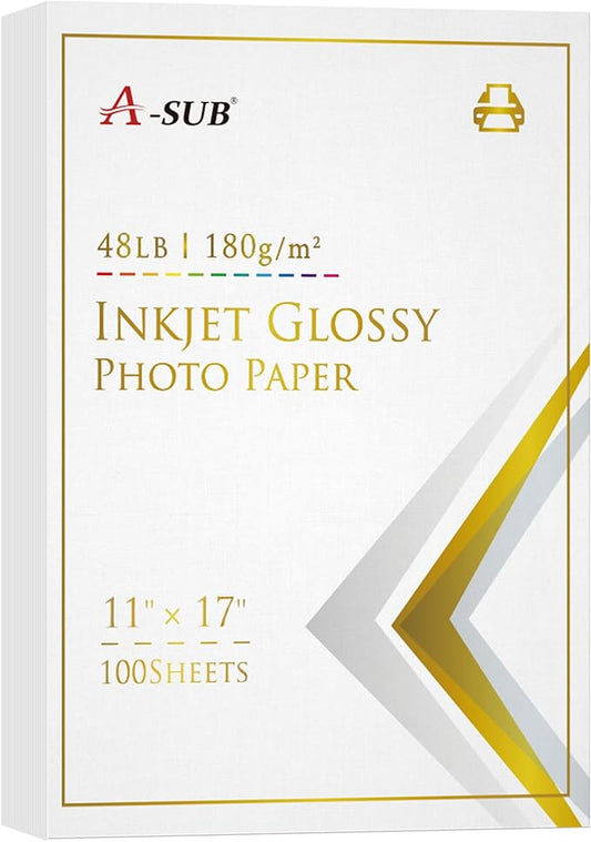 A-SUB Inkjet Glossy Photo Paper 11X17 Inches 48lb 180gsm Professional Glossy Photographic Paper for Inkjet Printers Dye Ink 100 Sheets