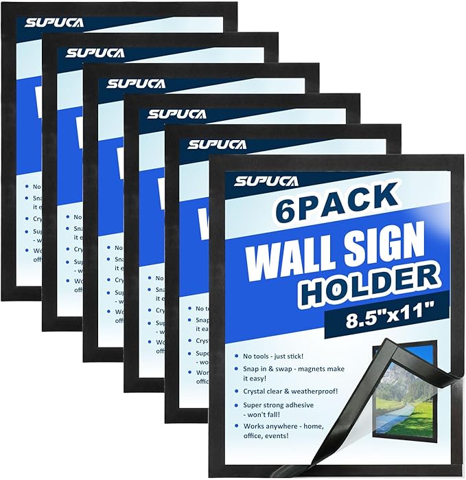 Magnetic Sign Holder & Picture Frame 8.5 x 11 - Self-Adhesive Magnetic Frames with Strong Magnet Border, Clear PVC Document/Poster/Paper Wall Mount Holder for Home Office Store, 6 Pack