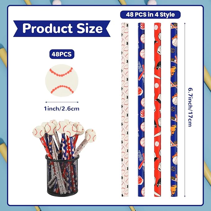 48 Pcs Baseball Pencils and Erasers Assortment Stationery Pencils for school Supplies