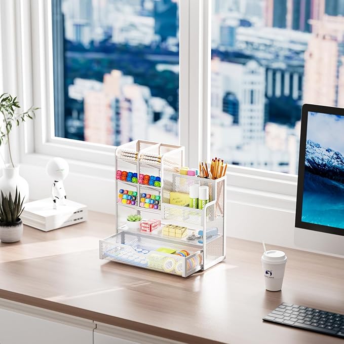Marbrasse Mesh Pen Holder for Desk, Multi-Functional Pencil Organizer with Drawer, Desk Organizers and Accessories for Office Art Supplies (White)