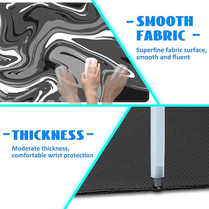 Desk Mat, Abstract Black White Ink Liquid Waves Extended Gaming Mouse Pad Large, 31.5"x11.8" Big Mouse Pad with Non-Slip Base and Stitched Edge, Long Computer Keyboard Mouse Mat for Home Office Work