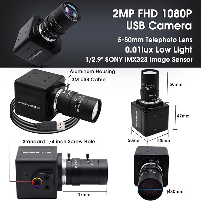SVPRO 1080P Webcam with Zoom Lens, 5-50mm 10X Optical Zoom,Manual Focus,H.264, Low Light PC Camera with IMX323 Sensor USB Comptuer Camera for Streaming,Video Conference,Studio Recording