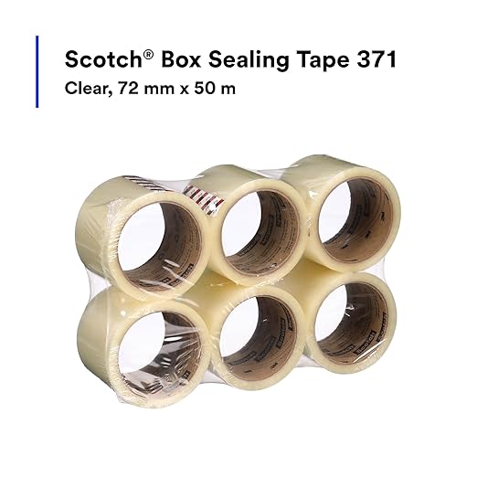 3M Scotch 371 Industrial-Grade Packing Tape, Clear, 72 mm x 50 m, High Performance Sealing Tape for Medium-Duty Commercial Box and Carton Sealing, Moving, Packaging and Shipping, 6 Pack