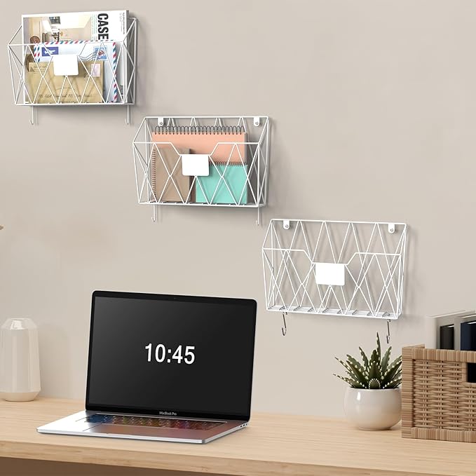 YBING Wall File Organizer White 6 Pack Mesh Hanging File Holder Organizer Metal Wire Mail Organizer Wall Mounted Office Papers Holder Hanging File Folders With Hooks