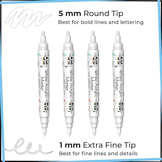 4 Dual Tip White Paint Pen - Extra Fine Tip & Medium - Permanent ink, White Acrylic Paint Pen for Wood, Fabric, Glass, Plastic, Ceramic, Rocks, Coloring Book Art - Acrylic Markers, Quick Dry