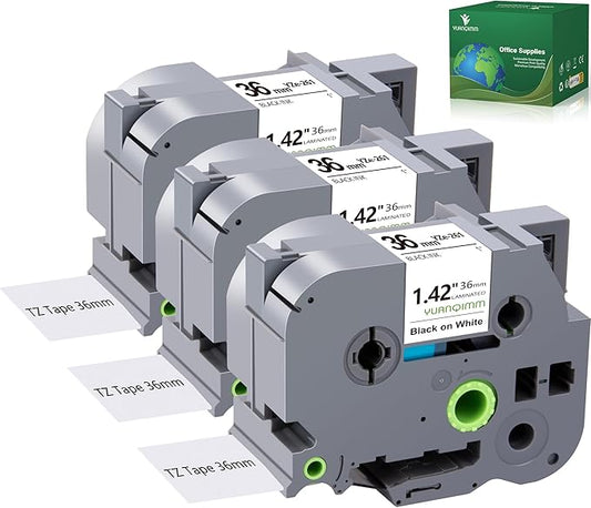 TZe-261 36mm TZe TZ Label Tape Compatible with Brother P Touch Label Maker Tape TZ-261 TZe261 TZ261 36mm 1.4 Laminated Black on White for PT-530 PT-P900W PT-P910BT, 3-Pack