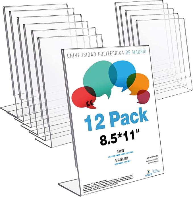 T-SIGN Acrylic Sign Holder 8.5 x 11 Inches, Slant Back Clear Table Top Display Plastic Stand, Double Sided, Display Stand, Acrylic Frame for Store, Homes, Restaurants, Offices - Vertical (Pack of 12)