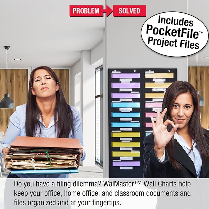 Ultimate Office WalMaster Heavy Duty, 20-Pocket Wall Chart Filing System WITH LABEL HOLDERS for Classroom and Office, Wall File Organizer PLUS 36 PocketFiles, Mounting Hardware & Door Hooks