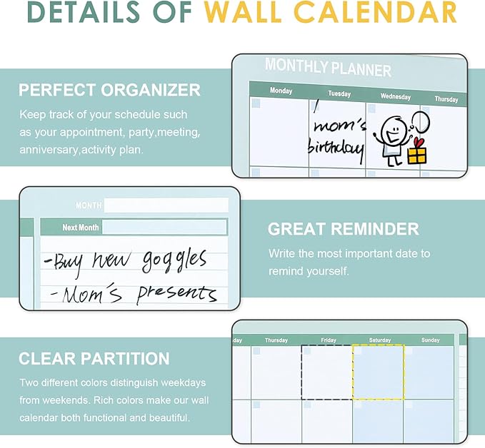 MAKELLO Dry Erase Calendar for Wall, Large White Board Calendar with Next Month for Office, Family, Kitchen and Bedroom, 36x24 inches
