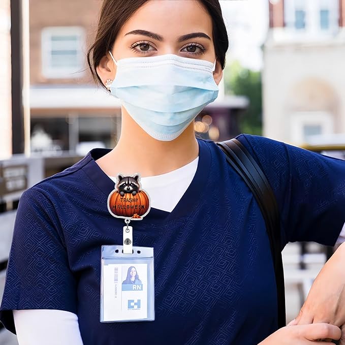 Halloween Badge Reel Retractable Cute Raccoon Name Tag Acrylic Alligator Clip Halloween Raccoon Sitting in Pumpkin Designs Badge Clip ID Spooky Badge Holder for Nurse Student Teacher