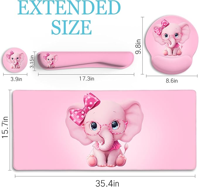 Elephant Mouse Pad Desk Mat Set, Kawaii Gaming Ergonomic Mouse Pad with Wrist Support Wrist Rest for Computer Keyboard Cup Coaster, Cute Pink Elephant Office Supplies Desk Decor Accessories