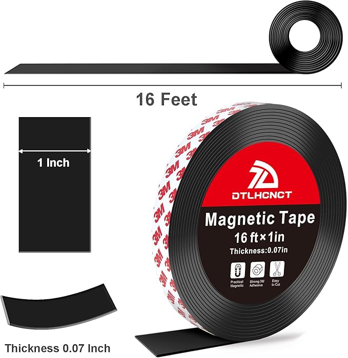 Magnetic Tape - 16 ft x 1 inch Magnet Strip Tape Roll with Strong Adhesive Backing,Magnetic Strip for Kitchen, Office, School Organization, Whiteboards,Fridge(0.07" Thick)