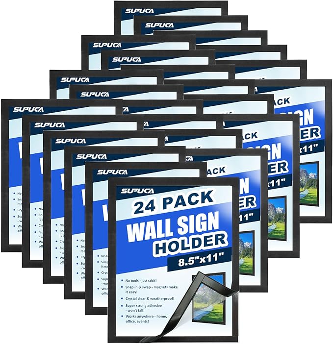 Magnetic Sign Holder & Picture Frame 8.5 x 11 - Self-Adhesive Magnetic Frames with Strong Magnet Border, Clear PVC Document/Poster/Paper Wall Mount Holder for Home Office Store, 24 Pack