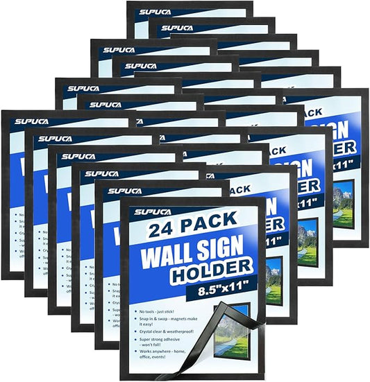 Magnetic Sign Holder & Picture Frame 8.5 x 11 - Self-Adhesive Magnetic Frames with Strong Magnet Border, Clear PVC Document/Poster/Paper Wall Mount Holder for Home Office Store, 24 Pack