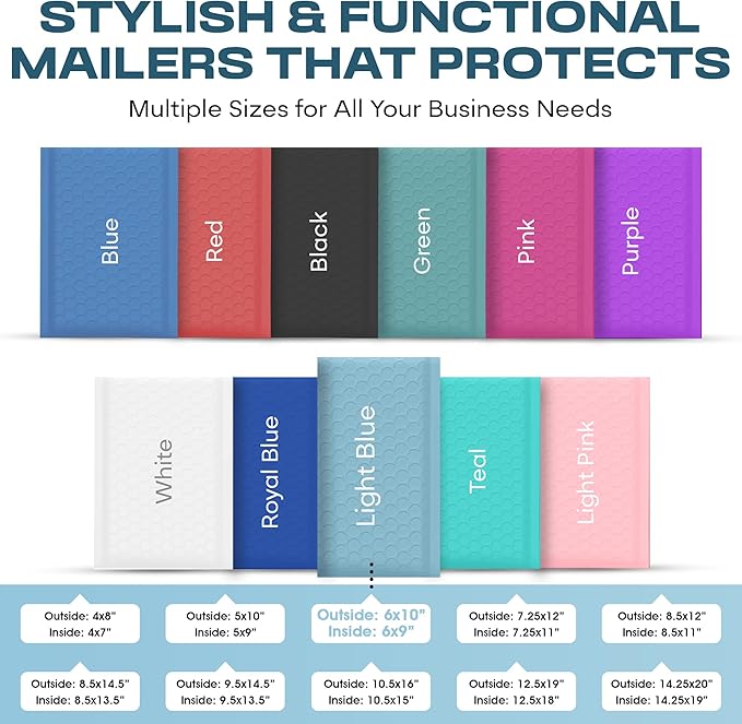 Light Blue Small Poly Bubble Mailers 6x10 inch #0 | Self Seal Padded Envelopes | Cushioned Bubble Mailer | Usable Size 6x9 | WaterProof | Lightweight mailing Shipping Bags | 500 Pack Bulk