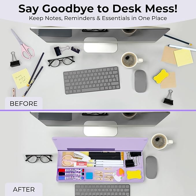 Chalkola Lavender Glass Desktop Whiteboard with Storage - Dry Erase Board, Work Desk Organizers, Computer Keyboard Stand, Home Office Desk Accessories, Workspace Desktop Buddy + 3 Markers