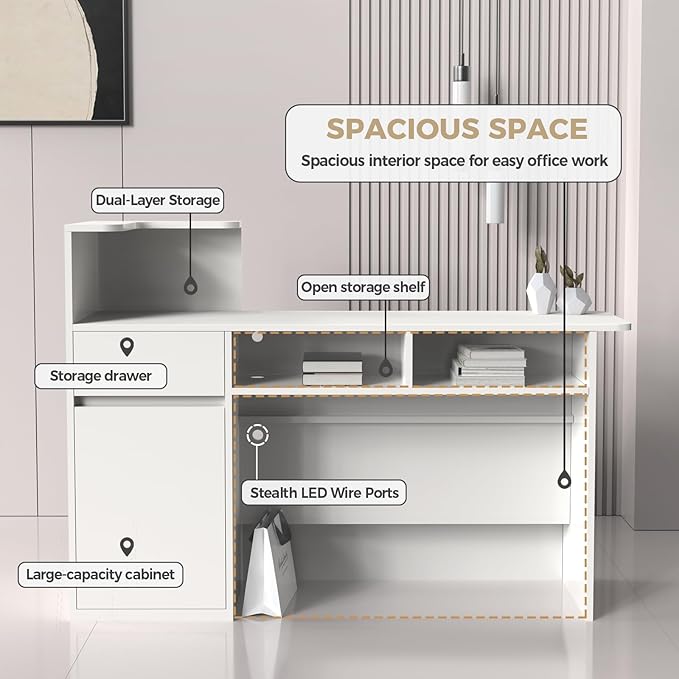Modern Reception Desk with LED Lights - 47" Front Desk Reception Counter with Dual Display Shelves & Hidden Cable Management, Lockable Drawer & Storage Cabinet for Office, Salon, Spa, Retail, Left