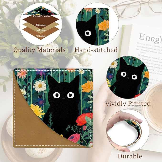 Cute Black Cat Floral Corner Bookmarks, Funny Leather Book Accessories for Book Lovers, 3 Pcs Reading Book Page Markers for Women Men Student Teacher Girls Boys Retirement Birthday Gifts