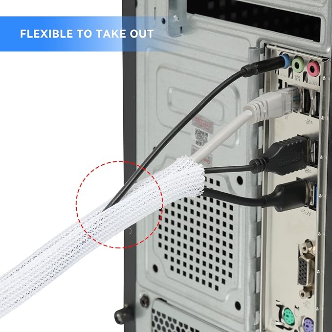 AGPTEK Cable Sleeve Cover, 10ft - 1.5 inch Desk Cord Organizer Cable Hider, Home Office Wire Management Computer TV Wire Loom Tubing, Pet Proof Cord Protector, from Cat Dog Chewing, White
