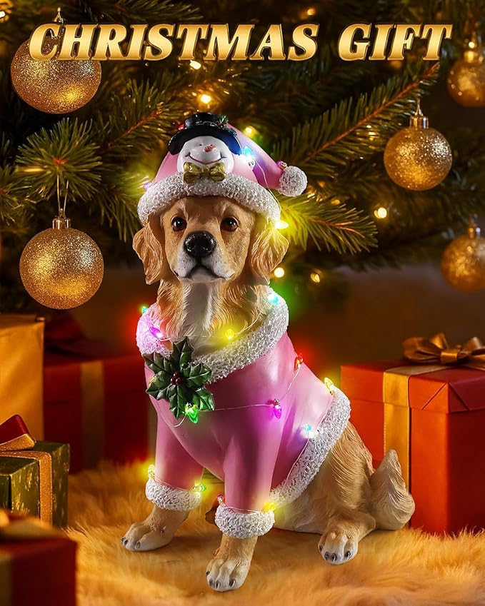 Christmas Outdoor Decoration Dog Statue, LED Light Cute Golden Retriever Dog Sculpture with Pink Santa Outfit & Lights for Garden and Yard, Indoor Holiday Décor Gift for mom and dad