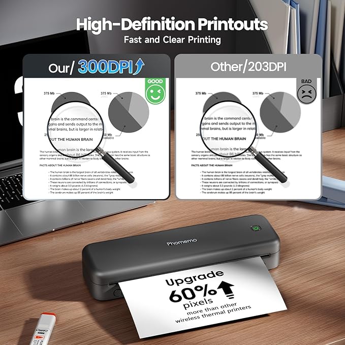 Phomemo M834 Portable Printer Wireless for Travel, Bluetooth Thermal Printer 8.5" x 11"&A4, Compatible with iOS,Android & PC,Inkless Mobile Printers for Travel,Office,School,Home,Gray