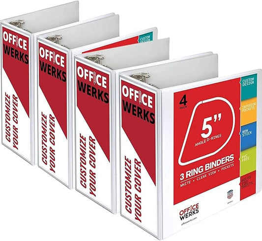 3 Ring Binder, Professional D Ring 5 Inch, Presentation Folder for Standard Pages 8.5 x 11 with Pockets, Crystal Clear View White (4 Pack)