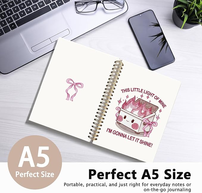 Cute Dumpster Fire Notebook Journal for women, Pink Bow Cute Spiral Notebooks for Women Girls，Dumpster Fire Gifts, Funny Office Gifts for Coworkers, 5.5x8.3 Inch