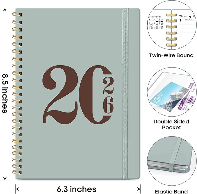 2026 Planner, Weekly and Monthly Calender Planner, Jan 2026 to Dec 2026, Hardcover 2026 Calendar Planner Book with Tabs & Inner Pocket, Office Home School Supplies for Women & Men - A5 (6.3" x 8.5"), Dusty Blue