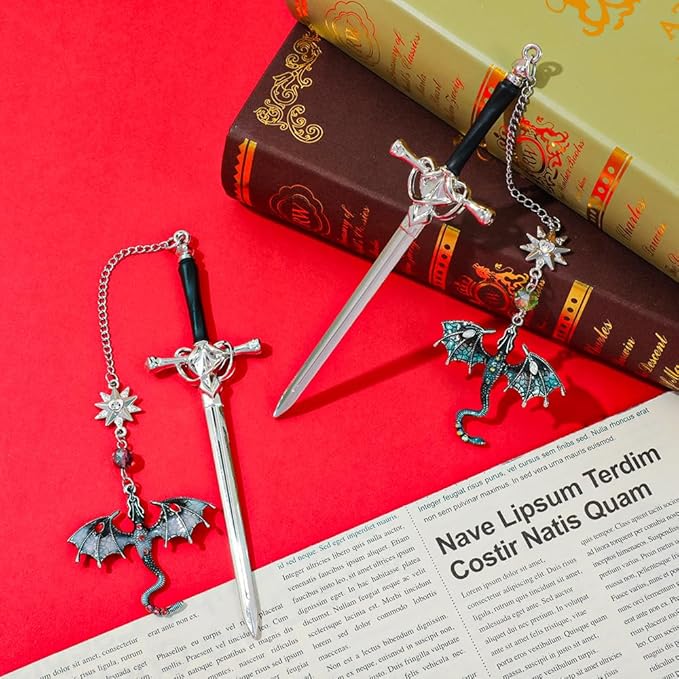 Fantasy Dragon Leather Corner Bookmark, Elegant Metal Dragon Charms Leather Page Saver, Chic Book Accessory for Bookworms, Great Gift for Dragon & Book Lovers (Dragon Sword A)
