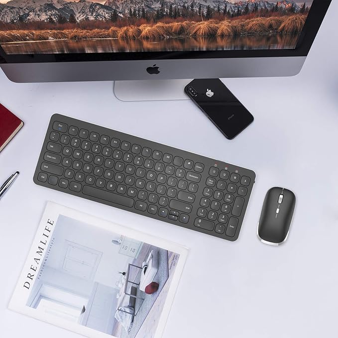 cimetech Wireless Keyboard Mouse Combo, Compact Full Size Wireless Keyboard and Mouse Set Less Noise Keys 2.4G Ultra-Thin Sleek Design for Windows, Computer, PC, Notebook, Laptop - Matte Black