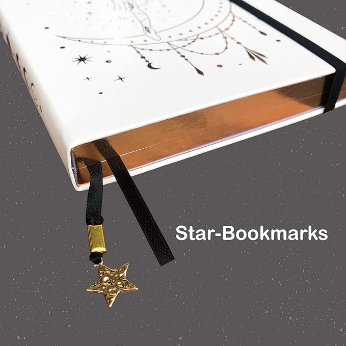 BUKE Medium A5 Hardcover Notebook Dotted Journal - 180Gsm Thick Bamboo Paper - 160 Dot Grid Pages 5x5 MM - White Color Faux PU Leather Cover - Rose Gold Edge And Moons (A5, White)