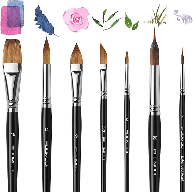Sable Watercolor Brushes, Fuumuui 7pcs Professional Artist Paint Brushes Set with Extended Needle, Round Point, Flat, Dagger, Cat's Tongue for Watercolor, Acrylic, Gouache – Detail & Wash Painting