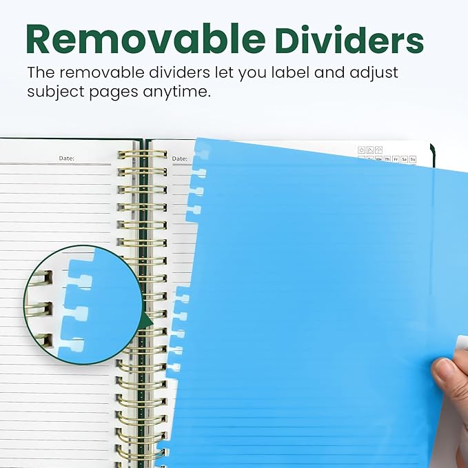 Hardcover Spiral Journal Notebooks for Work With Removable Dividers & Tabs, 8.5"x11" 5 Subject Notebook for Note Taking & Organizer, A4 College Ruled Lined Journal for Women & Writing, Dark Green, 280 Pages