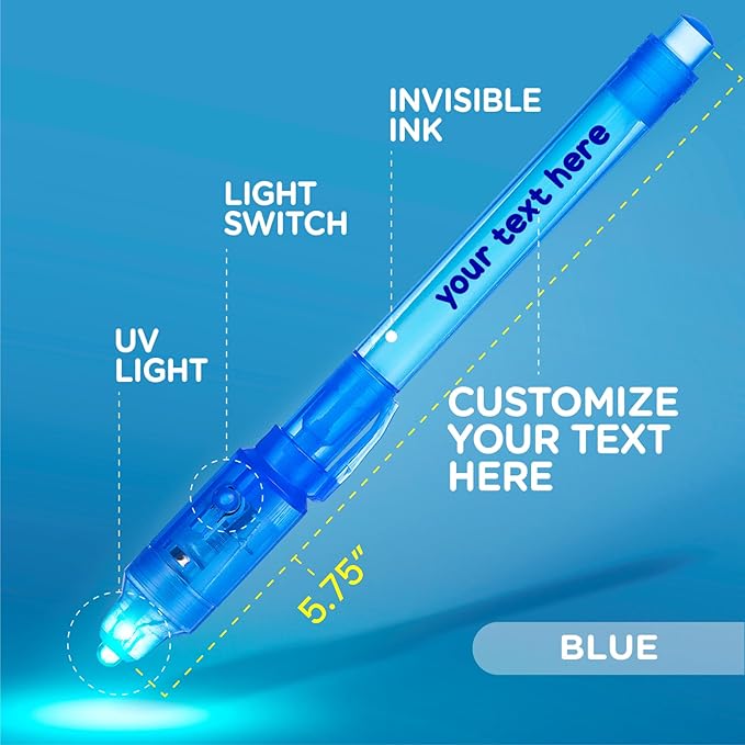 Personalized Invisible Disappearing Ink Pen Marker, Custom Secret Spy Message Writer with UV Light, Fun Activity Entertainment for Kid Party Favors Ideas Gifts and Stock Stuffers, 24 Pack, Blue