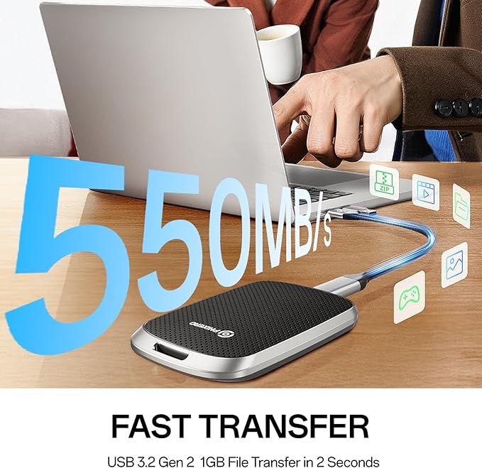 PHIXERO P5PLUS Portable SSD 2TB Up to 550MB/s, USB 3.2 Gen 2 External Solid State Drive，USB C to C&A for Smartphone，Tablet，PC，Labtop (Black)