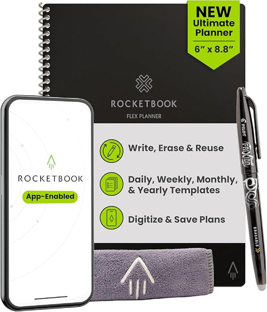 Rocketbook Flex Reusable Planner, Smart Undated, Daily, Weekly, Monthly, Annual Calendar Templates, Executive Size 6X8.8, Black (Pack of 1)