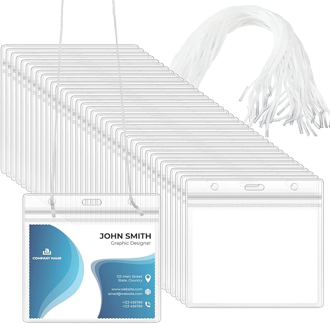 Eaasty 200 Pack Neck Hang Badge Holder with Labels, Clear Hanging Lanyard Style Name Badges Waterproof Name Tag Holders with Lanyard for Meeting Seminar Show Event and Conference