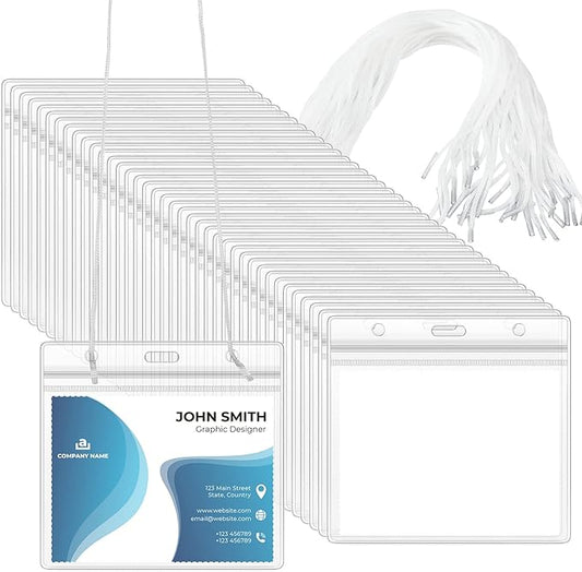 Eaasty 200 Pack Neck Hang Badge Holder with Labels, Clear Hanging Lanyard Style Name Badges Waterproof Name Tag Holders with Lanyard for Meeting Seminar Show Event and Conference
