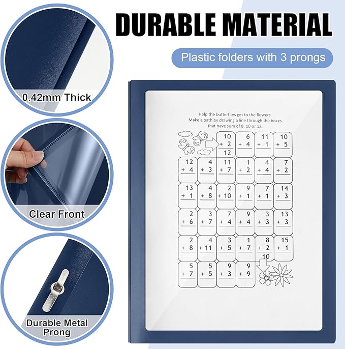 Teling 24 Pcs Report Covers with 3 Prong Fasteners Clear Front Presentation Folders Frame View Poly Report Folder Presentation Binder for Paper Document School Office (Dark Blue)