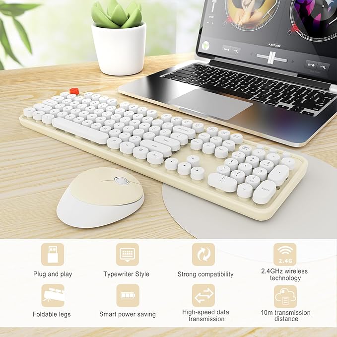 Wireless Keyboard and Mouse Combo, Ergonomic Full Size Typewriter Retro Round Keycaps Keyboard, Compatible with Windows, PC, Perfer for Home and Office Keyboards (Beige