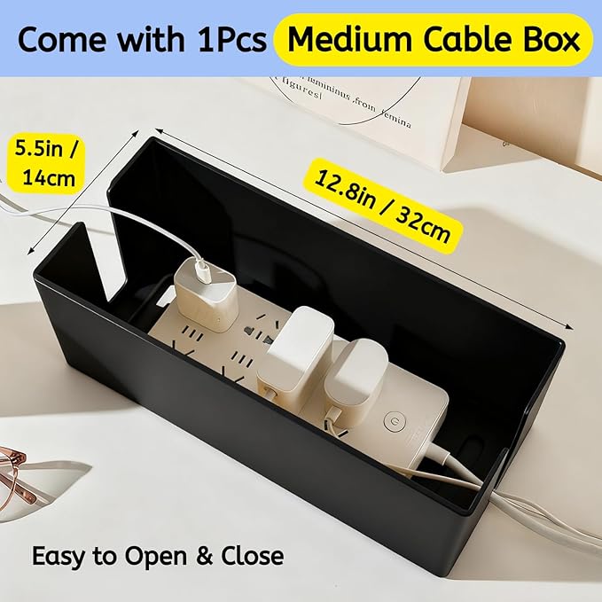 [142Pcs] Cable Management Kit with Cable Box, Medium Cord Hider Box to Conceal Power Strip Holder on Desk or Floor, Under Desk Cable Management Kit Cable Organizer Box, TV Cord Organizer Box, Black