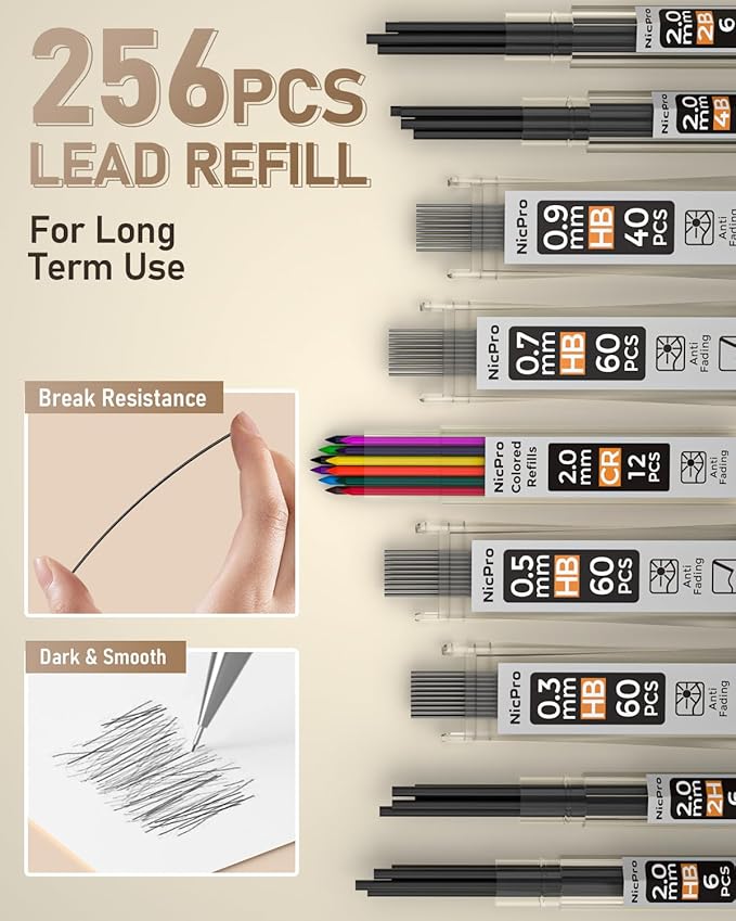Nicpro 5 PCS Art Mechanical Pencils Set, Metal Drafting Pencil 0.3 & 0.5 & 0.7 & 0.9 & 2mm Graphite Lead Holder(4B 2B HB 2H Colored) for Sketching Drawing With Lead Refills Eraser Case
