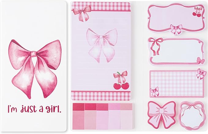 Xqumoi Coquette Pink Bow Sticky Notes Set - I’m Just A Girl Self-Stick Note Pads Bowknot Notepads Writing Memo Pad Page Marker Bookmarker Preppy Girly Stuff Back to School Office Supplies Gift