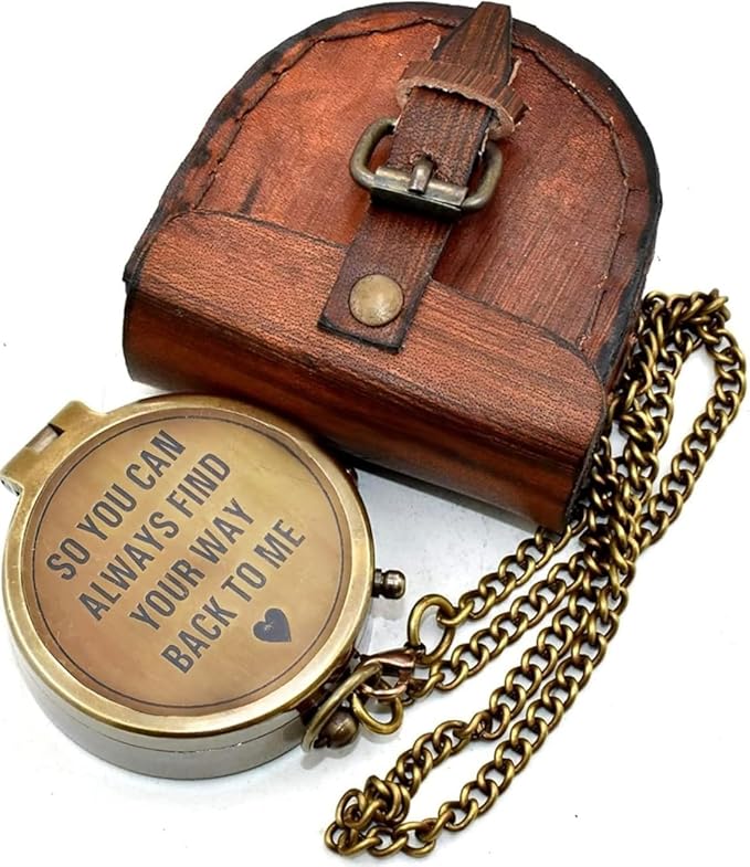 “So You Can Always Find Your Way Back Home” Engraved Brass Compass With Premium Leather Case & Chain - Brass Pocket Compass - Personalized Compass Gift For Hiking,Husband, Him, Her,Son, Graduation Day