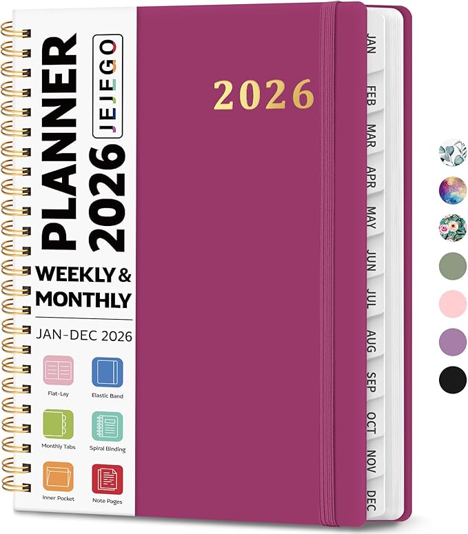 2026 Planner, Weekly and Monthly Calendar Planner Book, January 2026 - December 2026, Hardcover Spiral Planner with Monthly Tabs, Notes Pages, Perfect for Women & Men, A5 (6.4" x 8.5") - Raspberry