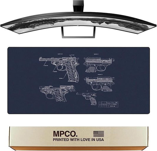 MPCO. Blueprints Large Gaming Desk Pad - 36" x 17" Duraglyde Fabric Pistol 38 – Blue Desk Mats - Non-Slip, Washable, Smooth Glide for Precision Gaming & Work