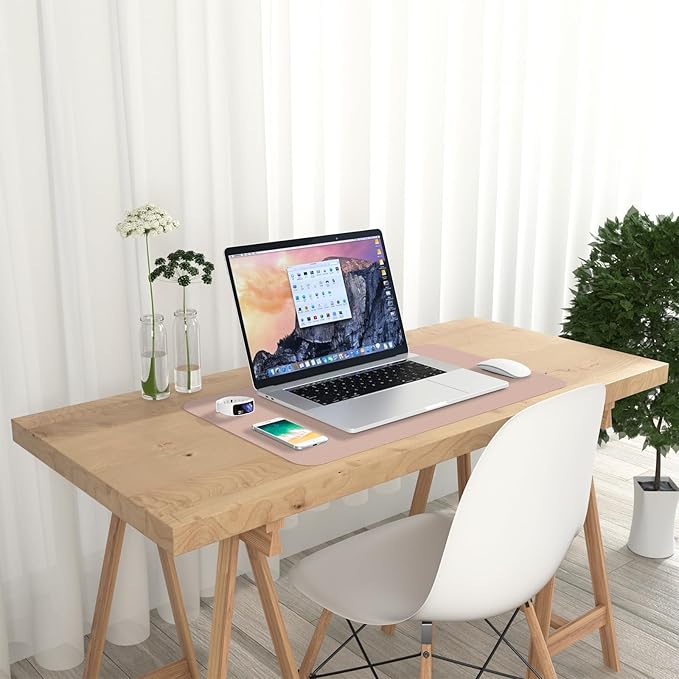 Hsurbtra Desk Pad, 23.6" x 13.8" PU Leather Desk Mat, M Extended Mouse Pad, Waterproof Desktop Blotter Protector, Non-Slip Ultra Thin Small Laptop Keyboard Writing Mat for Office Home, Beige Apricot