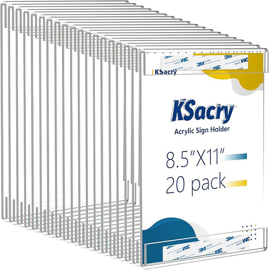 KSacry 20 Pcs Acrylic Sign Holder 8.5 x 11, Vertical Wall Mount Sign Holders with 3M Adhesive, Clear Plastic Frames Paper Display Sign Holders for Office, Home, Store, Restaurant - No Drilling
