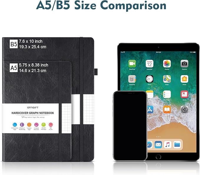 Graph Paper Notebook, 312 Numbered Pages A5 Hardcover Leather Journal, 100gsm No Bleed Grid Paper Notebook with Index Pages, Grid Notebook for Graphing Notes Math, 5.75" x 8.38", Grey Blue